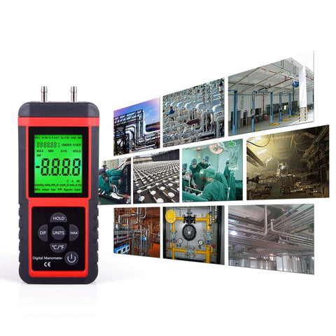 Front view of EHDIS handheld digital manometer with green backlit display and dual pressure ports