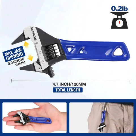 4 Inch Thin Jaws Stubby Adjustable Wrench With Wide Opening And 2Mm Slim Jaws For Tight Spaces CRV Steel With Black Oxide Finish Metric And SAE Scales Small Yet Mighty Tool Built For Pros And DIYers in hand and on pocket