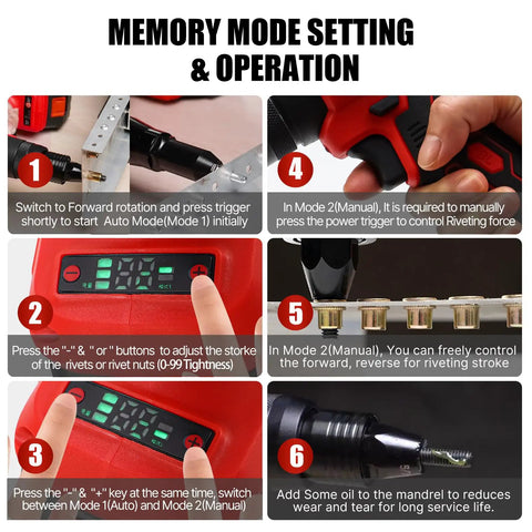 Top Tier Cordless Rivet Gun With Dual 26V Batteries And Fast Charger For Pulling Steel Aluminum Rivets On RV Boats Downspouts And Auto Repairs Automatically Setting Sizes memory mode settings panel