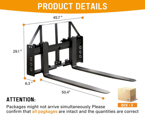 Premium Heavy Duty 45 Inch Tractor Pallet Forks Paired With Robust 50 Inch Forklift Blades shown with dimension details.