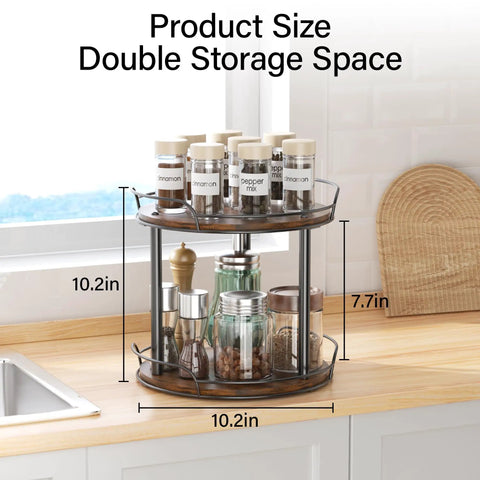 Dual Deck Lazy Susan Rotating Turntable Cabinet Organizer For Kitchen Spice Rack And Bulk Condiment Storage Rolls Super Smooth Ball Bearing Spin, 12-inch double storage with labeled jars.