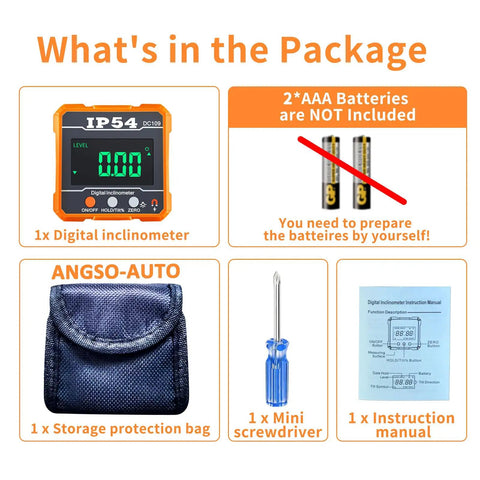 Digital Angle Gauge for ADAS Calibration, IP54 Rated Protractor Tool With 4 By 90 Degree Measuring Range, High Precision Angle Finder for Auto Shop, Easy Readout, Reliable Alignment and Sensor Calibration, with case, screwdriver and manual