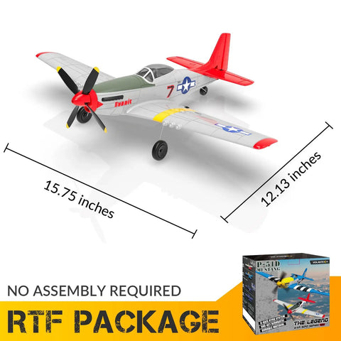 4 Channel RC Plane With 6 Axis Gyro, Easy To Fly For Beginners And Adults, Aerobatics Ready, P51D Mustang Style Red, dimensions shown
