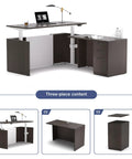 Upgrade Your Daily Grind With This Premium Executive Standing Desk Featuring Smooth Dual Electric Motors Four Memory Presets And Secure Storage L Shaped Khalba Oak Design three-piece content with L-shaped desk and storage drawers.