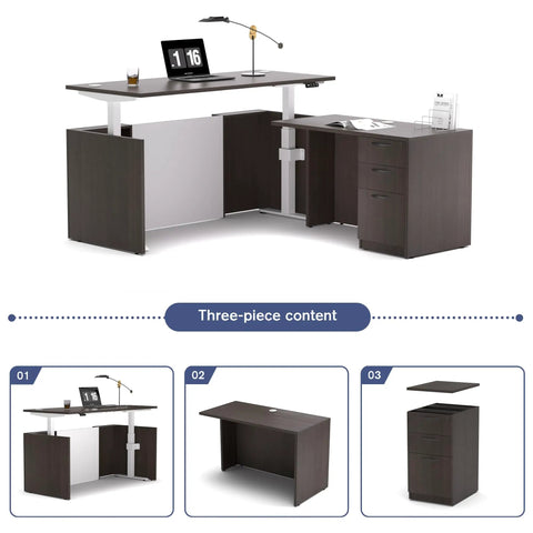 Upgrade Your Daily Grind With This Premium Executive Standing Desk Featuring Smooth Dual Electric Motors Four Memory Presets And Secure Storage L Shaped Khalba Oak Design three-piece content with L-shaped desk and storage drawers.