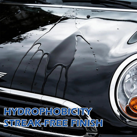 Close-up of a black car hood showing the hydrophobic effect with droplets, demonstrating Two Pack Quick Effect Car Coating Spray 2026 Upgrade With Three In One Shine Care.