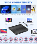 External CD DVD Drive for Laptop USB 3.0 Portable CD DVD Player High Speed Writer 8x DVDR 24x CDR Slick Performance Plug and Play Ready With Windows and Mac OS Black, shown with USB cable