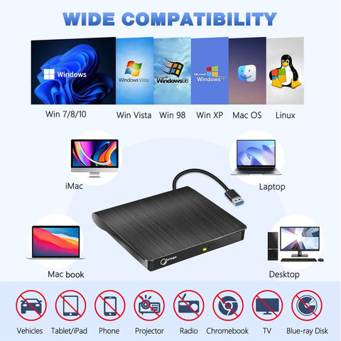 External CD DVD Drive for Laptop USB 3.0 Portable CD DVD Player High Speed Writer 8x DVDR 24x CDR Slick Performance Plug and Play Ready With Windows and Mac OS Black, shown with USB cable