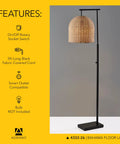 Coastal Modern Floor Lamp With Dark Bronze Base And Rattan Lampshade, Perfect For Bedroom, Living Room Or Home Office Lighting