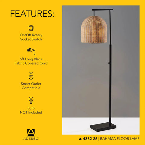 Coastal Modern Floor Lamp With Dark Bronze Base And Rattan Lampshade, Perfect For Bedroom, Living Room Or Home Office Lighting