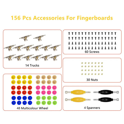 Premium Fingerboard Repair Kit Featuring 31 Millimeter Trucks Vibrant Multi Color Wheels And Heavy Duty Fasteners, 156 pcs accessories.