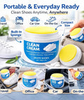 White Shoe Cleaner Cream With Built In Sponge For Quick Touch Ups displayed with contents and usage for leather canvas rubber soles
