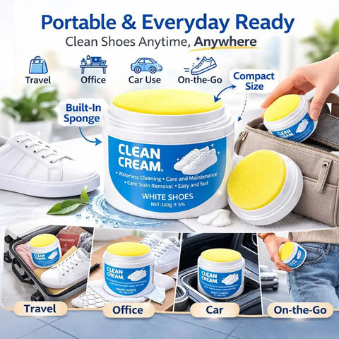 White Shoe Cleaner Cream With Built In Sponge For Quick Touch Ups displayed with contents and usage for leather canvas rubber soles
