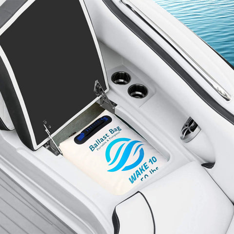 Portable 50 Lb Boat Ballast Bag For Wakesurfing And Wakeboarding, Pumpless And Easy Fill, in white under seat storage on boat