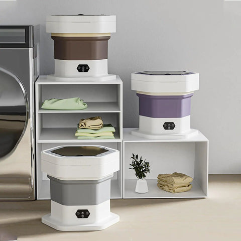 No Sweat Portable Folding Mini Washer Featuring Quick Wash And Spin Cycle, 5.5 Pound Capacity, Slick Khaki Build in a modern storage setting.