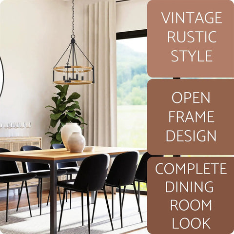 Dining room with 22 Inch Modern Farmhouse 4 Light Drum Pendant Chandelier With Adjustable Height Warm Oak Wood Finish.