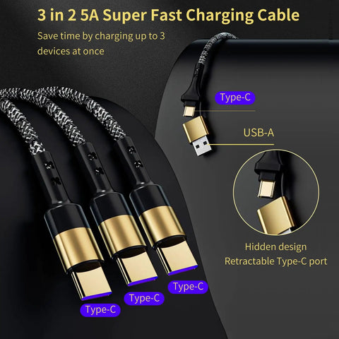 3 In 1 USB C Fast Charge Cable For DJI Drones Compatible With Mini 5 Pro Mini 4 Pro Mini 4 Mini 3 USB-A and Type-C connectors shown