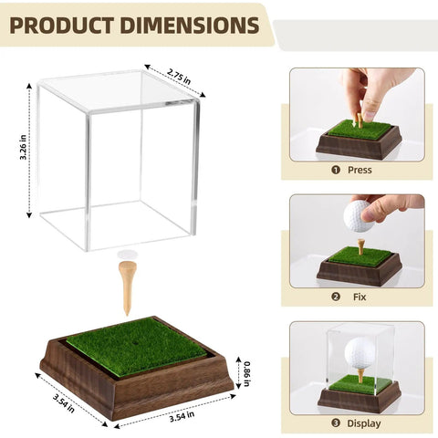 Hole In One Golf Ball Display Case dimensions guide with acrylic box, walnut stand, and turf base, showing assembly process.