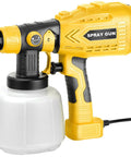 Heavy Duty HVLP Paint Sprayer With Kick Ass 850W Motor And Four Slick Nozzles, close-up view of spray gun, features adjustable nozzle and ergonomic grip.