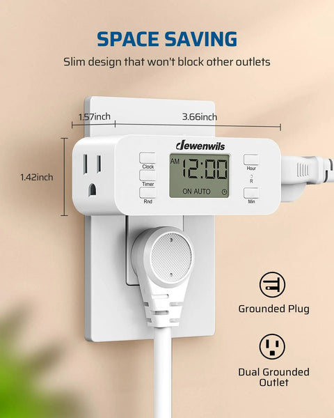Indoor Programmable Digital Timer Outlet With Dual American Sockets Sets Daily Routines Dead Simple featuring slim design and a digital display.
