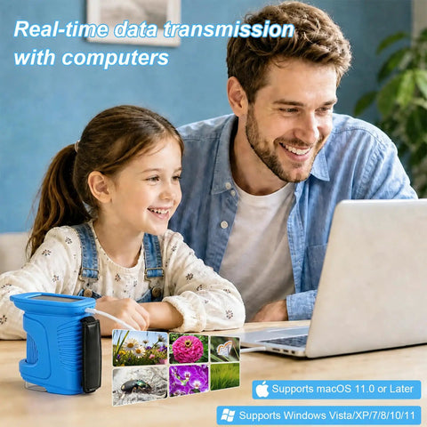 1000X HD Digital Handheld Microscope For Kids With 2.4 Inch IPS Screen Kid Friendly Portable Home Science Toy For Clear Macro And Micro Views Built In Camera For Quick Photos showing girl and man using laptop