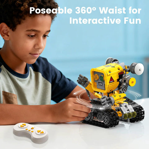 Child playing with 5 In 1 STEM RC Robotics Kit With App And Remote Control, Build Mech Robot Wall Robot Sports Car Tunneling Robot And Engineering Grader, DIY Science Toys For Ages 8 To 12, Ideal Birthday Gift For Boys