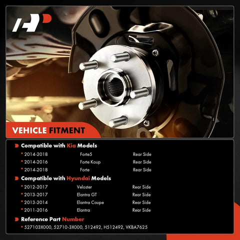 Road Ready Rear Wheel Bearing And Hub Assembly With ABS Ring For Hyundai Elantra Elantra Coupe Elantra GT Veloster Forte Forte Koup Forte5 5 Lug 2011 To 2018 FWD Only shown in close-up view.