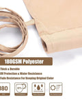 Close-up of beige 180GSM polyester fabric showing UV protection, water resistance, and fade resistance properties