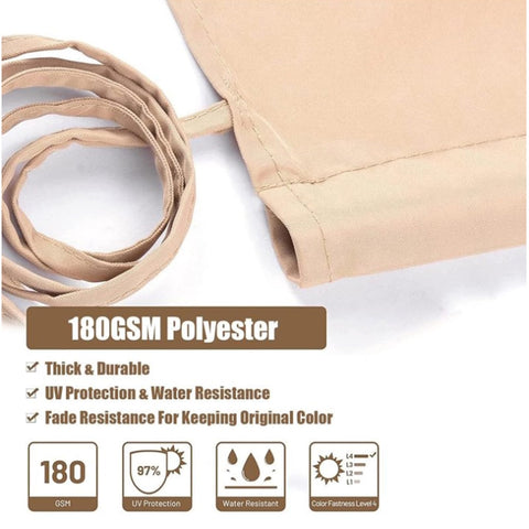 Close-up of beige 180GSM polyester fabric showing UV protection, water resistance, and fade resistance properties