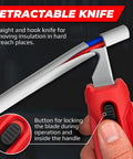 Professional Grade 2-in-1 Wire Stripper And Cable Cutter Tool With Spring Loaded Clamp For Round Wires. Retractable knife for insulation removal.