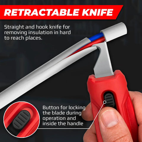 Professional Grade 2-in-1 Wire Stripper And Cable Cutter Tool With Spring Loaded Clamp For Round Wires. Retractable knife for insulation removal.