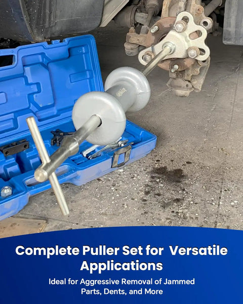 Slide Hammer Dent Puller Set 17 Piece With 5 Lb Hammer for auto body repair near car wheel, open case visible
