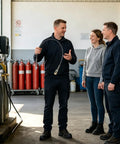 Tough As Nails Air Compressor Hose With Flexible Anti Knot Design held by a man with brass fittings, in a workshop with colleagues.