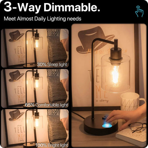 Upgraded Touch Control Desk Lamp with USB A and USB C Ports, AC Outlet, 3 Way Dimmable Glass Shade for Bedroom or Office