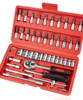 46Piece Small Drive Socket Ratchet Wrench Set With One Quarter Inch Drive, Metric Sockets, Extension Bar, And Screwdriver Bits in red case
