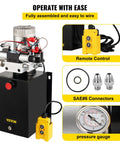 Beefy 12V DC Hydraulic Pump Dual Acting Unit with 11.4L Tank and Brass Gauge for Dump Trucks, Remote Control and Connectors Visible