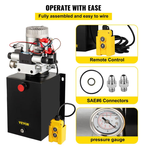 Beefy 12V DC Hydraulic Pump Dual Acting Unit with 11.4L Tank and Brass Gauge for Dump Trucks, Remote Control and Connectors Visible