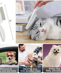 Pet grooming comb for removing fleas and ticks, shown with happy cat and various pet images, size 7 inches, white handle.