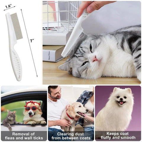 Pet grooming comb for removing fleas and ticks, shown with happy cat and various pet images, size 7 inches, white handle.