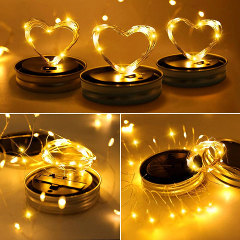 Mason Jar Solar Lights Set Of 12 With 30 LED Fairy Lights Warm White Outdoor String Lights on solar lids with heart shapes