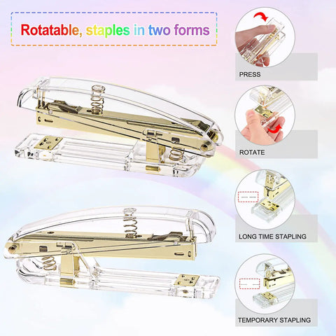 Gold Acrylic Office Desk Accessories Set With Stapler And Staples showing stapler rotation and stapling options