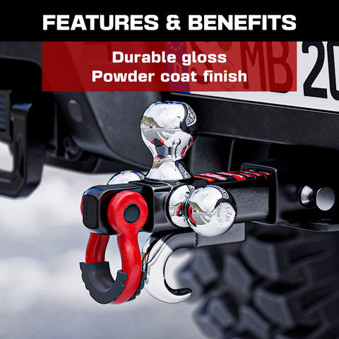 Tri Ball Trailer Hitch Mount with hook, pin, and rotatable tow shackle for 2 inch receiver, heavy-duty powder coat finish displayed