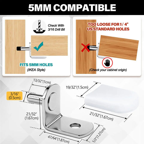 5Mm compatible image showing dimensions and fitting instructions for 24 Pack Nickel Plated Shelf Pins And Pegs With Anti Slip Caps.