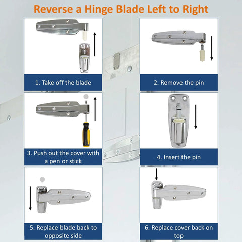 Instructions for reversing Tough As Nails Reversible Cam Rise Hinge Chrome Finish for freezer cooler doors.
