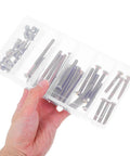 Hand holding box with 49 Piece M6 X 40-80mm Socket Drive Hex Screws And Barrel Nuts Set For Furniture Connections And Pet Gate Replacement