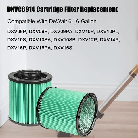 2 Pack DXVC6914 HEPA High Efficiency Cartridge Filter Fits 6-16 Gallon Wet/Dry Vacuums, image showing two green filters on floor