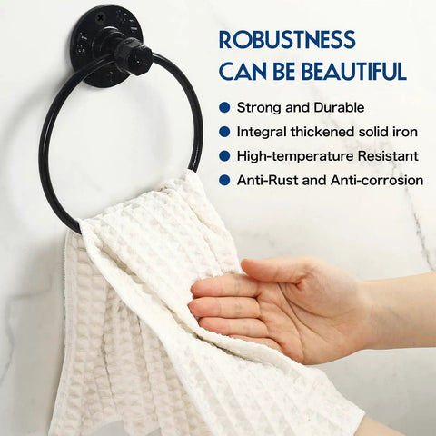 Rad Industrial Pipe Towel Ring Wall Mounted For Bathroom Rustic Black Iron Hand Towel Holder Durable Wall Mount Rack For Towels Easy Install Waterproof Rustproof Six Inch Ring Fits Most Towels