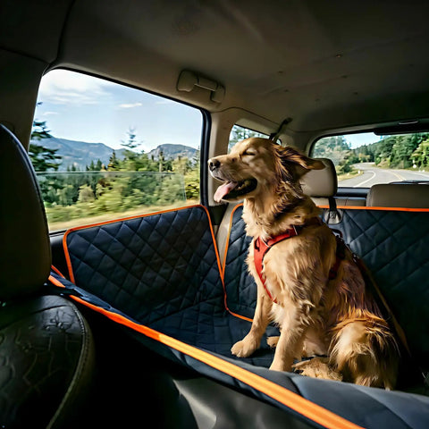 Dog sitting on Deluxe Dog Car Seat Cover For Back Seat With Breathable Mesh Window Hammock Four Layer Heavy Duty Waterproof Pet Protector Scratch Proof