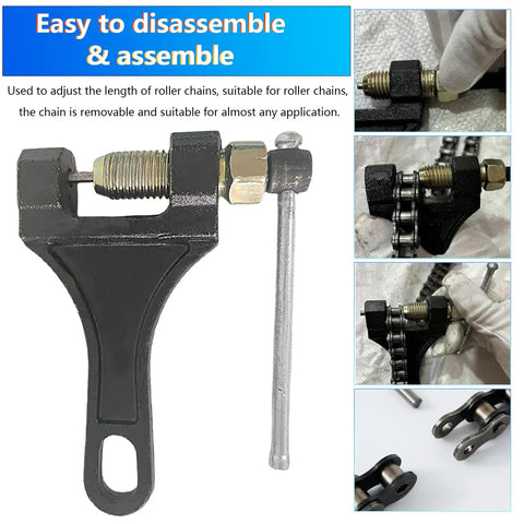 Heavy Duty 428H Dirt Bike Chain Kit With 130 Links And 6 Master Links Plus Chain Breaker tool shown in use on a chain