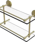 Monte Carlo Double Gallery Rail Glass Shelf 16 Inch Satin Brass Finish With 5 Inch Deep Tempered Glass Hidden Mounting Concealed Screws
